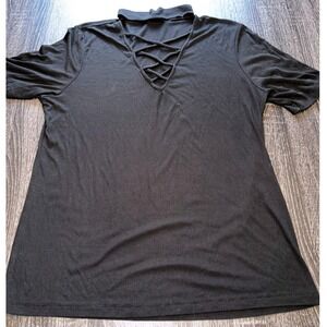 Ambiance Black Criss-Cross V-Neck Short Sleeve Top 1XL
